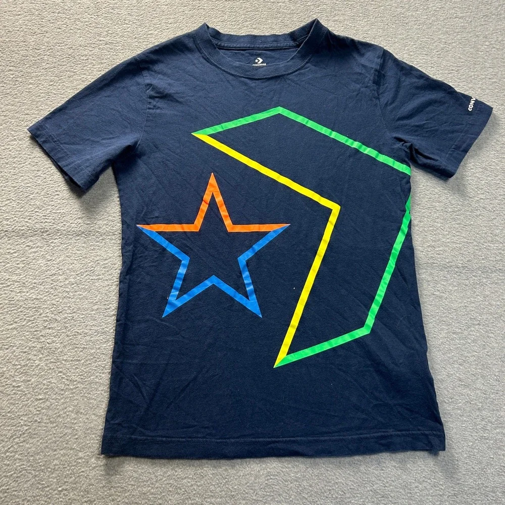 Converse Graphic Logo T-Shirt Boys Youth Large Navy Blue Large Neon Star Chevron